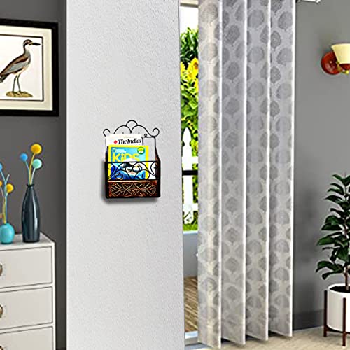 Image of Wood & Wrought Iron Modern Elegance Magazine Newspaper & Book Wall Rack for Home & Office, Black & Natural Finish, 38x28x11 cm (Magazine Rack Pack of 2)