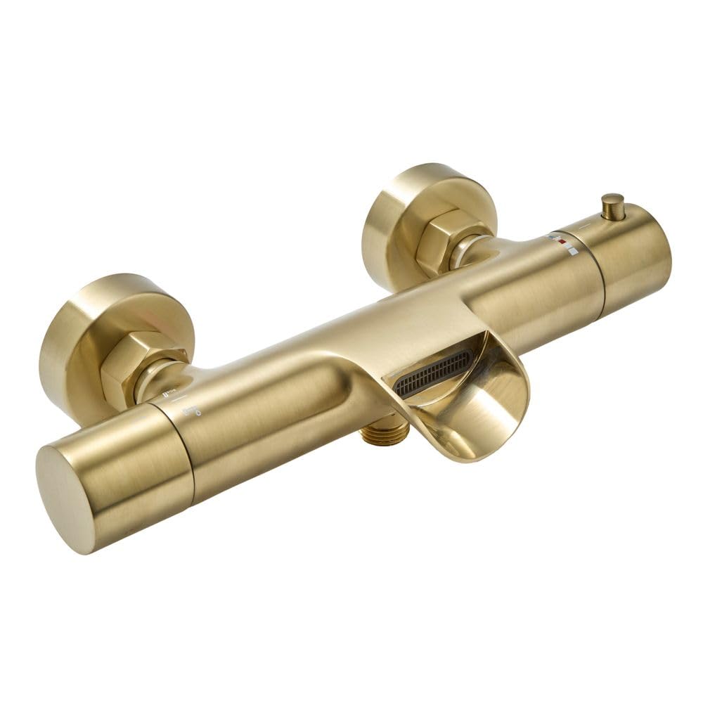 Milano Brushed Brass Arlo Round Thermostatic Bar Mixer Shower Valve Bath Spout