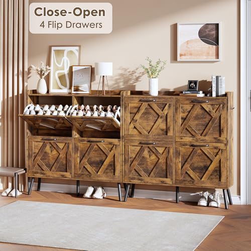 Image of Nicetree Shoe Cabinet Storage for Entryway, Freestanding Shoe Storage Cabinet, Farmhouse Narrow Shoe Rack Cabinet for Entryway, Foyer, Hallway, Shoe Cabinet 4 Flip Drawers