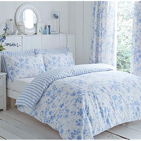 Blue White Floral Reversible Polycotton Duvet Cover Set Curtains Pillow Cases (Double) Cover