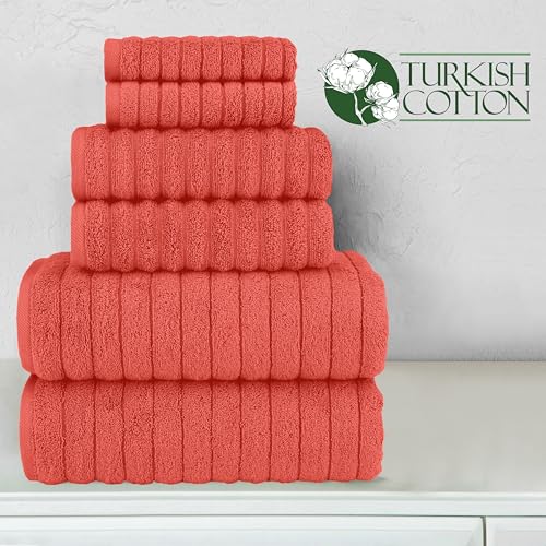 Image of Elegant Comfort 100% Turkish Cotton Corduroy Ribbed Luxury Bath Towels 6-Piece Set, Premium Feel - Quick Dry, Highly Absorbent,Contains 2 Bath Towels,2 Hand Towel, and 2 Washcloths,Coral(Pack of 4)