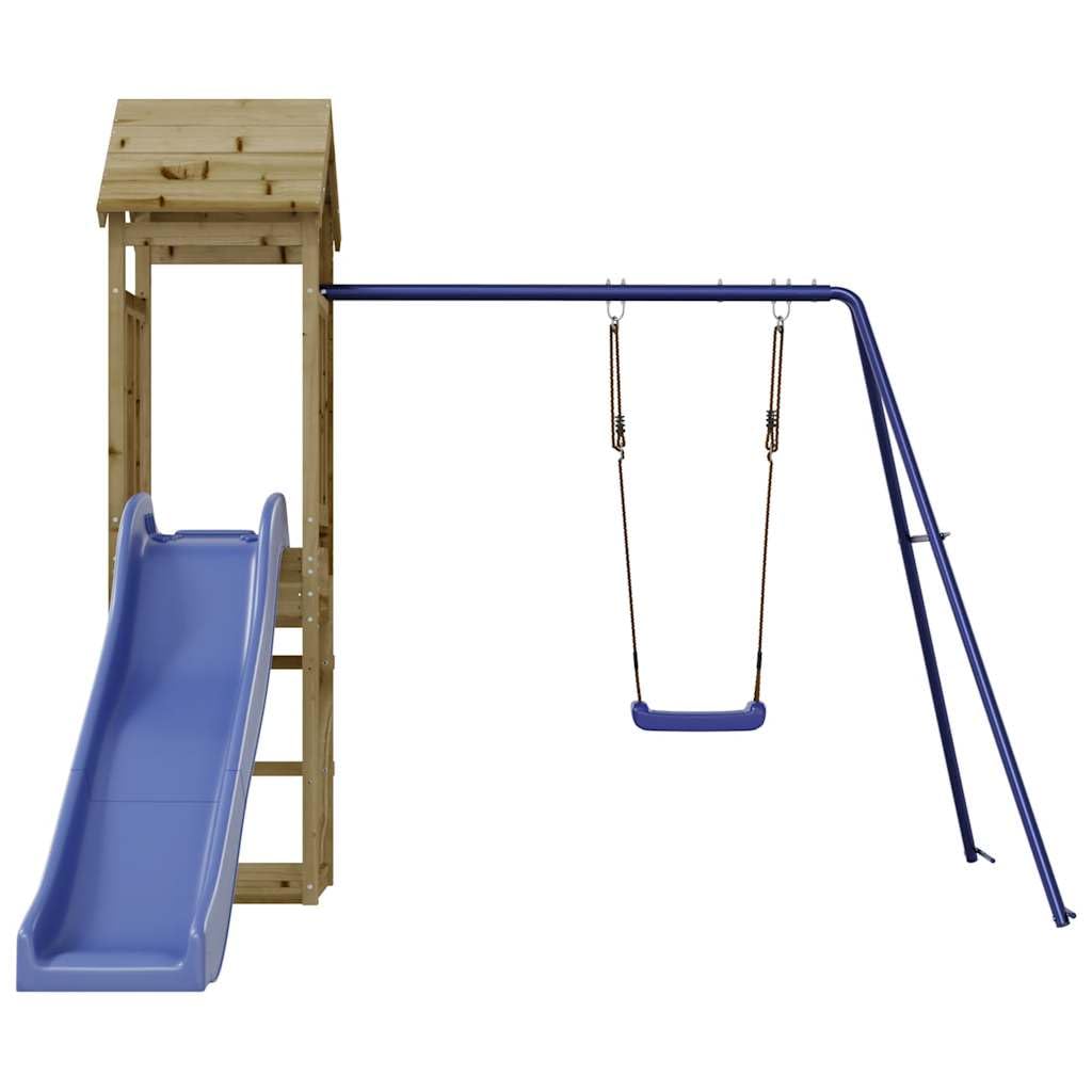 Torre de juegos de madera de pino impregnada con columpio, tobogán, arenero y pedestal, estructura de escalada para jardín, patio o terraza, parque infantil para movimiento y aventura al aire