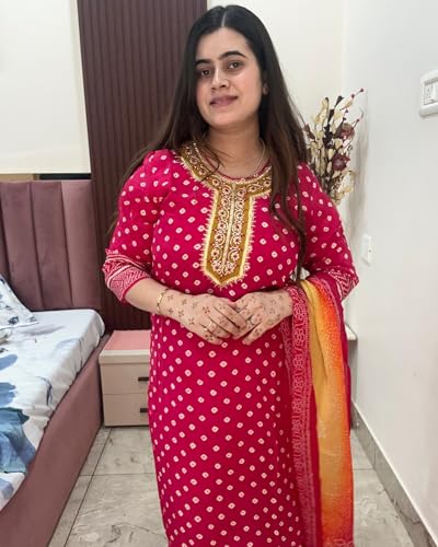 Image of GoSriKi Women's Rayon Viscose Printed Straight Kurta with Pant & Dupatta