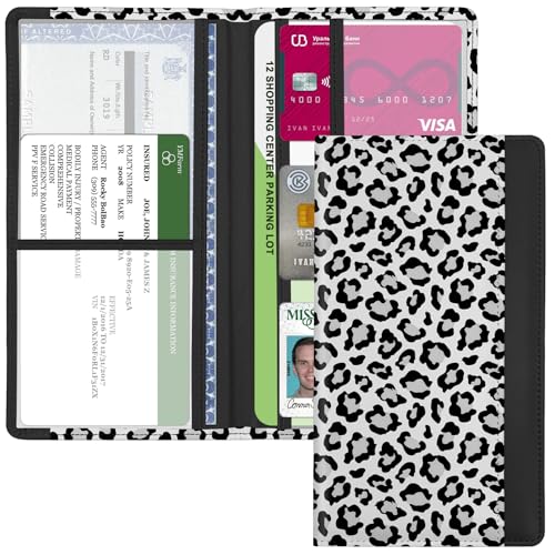 Car Registration and Insurance Holder, with Magnetic Closure for License, Cards and Documents, All Vehicle Needs and Car Accessories (Leopard-White)