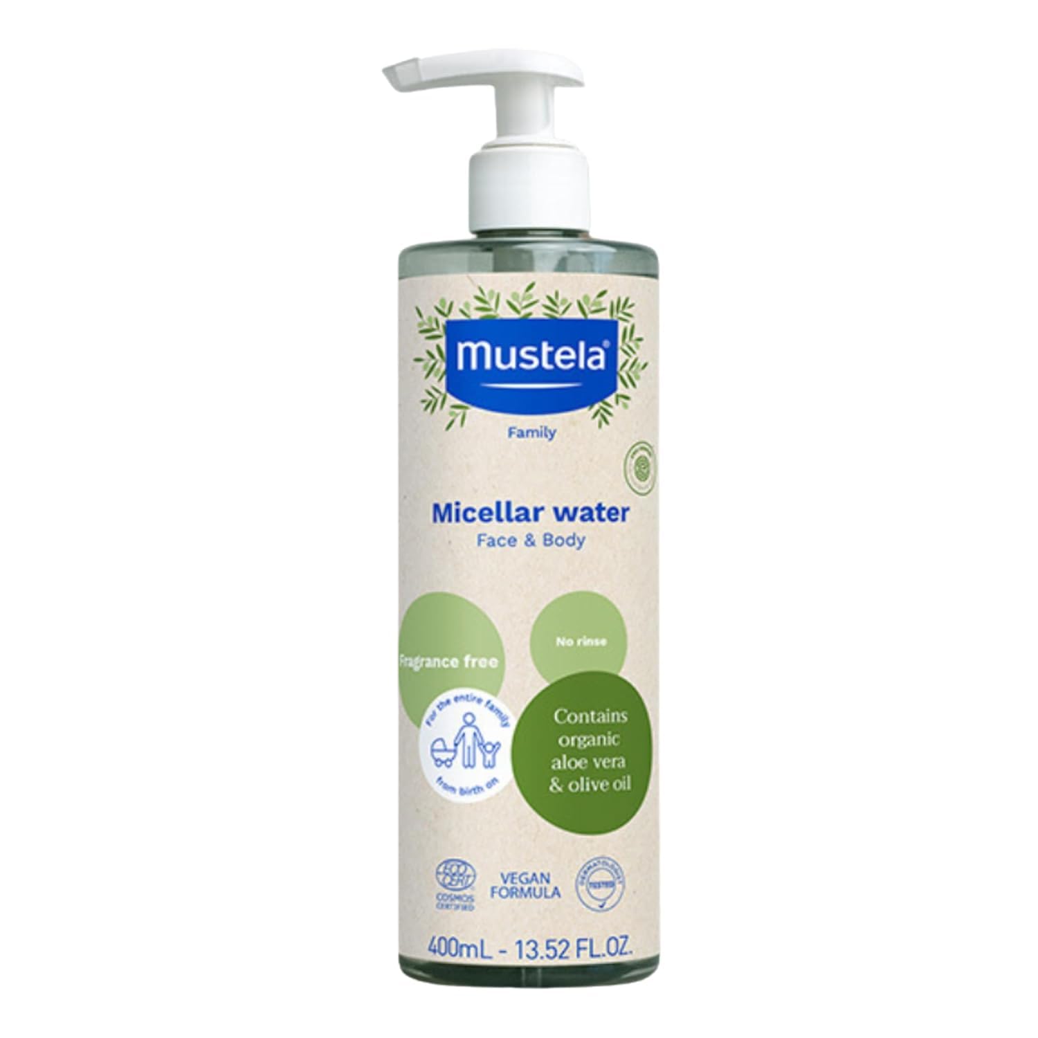 Mustela Baby Organic Micellar Cleansing Water - No-Rinse, Natural Water Cleanser with Olive Oil & Aloe Vera - Fragrance-Free, Vegan & EWG Verified - 400ml