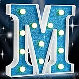 LED Marquee Letter Lights, Light Up Shiny Blue Marquee Signs, Glitter Alphabet Letter Lights Battery Powered for Night Light Birthday Gifts Wedding Holiday Party Bedroom Home Bar Decorations, Blue M
