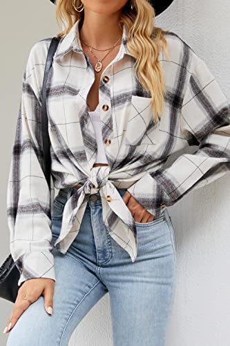 Image of CHYRII Womens Button Down Flannel Shirts Long Sleeve Plaid Shackets Business Casual Blouse Top