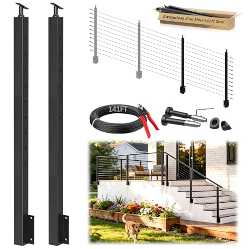 Image of 4-12FT Swageless Side Mount Stair Cable Railing Post for 28-38 Degrees Stair, Left Side Railing System 3 Stair Post, 141FT Cable, 22 Patent Terminal, Fascia Mount Post Kit for 36 inch /42 inch Railing