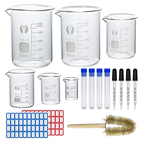 Episkey Becher Laborglas Messbecher 500 ml 250 ml 100 ml 50 ml 25 ml 5 ml Borosilikatglas, 4 Stück 1 ml Glas-Tropfpipette und Aufbewahrungsröhrchen, 1 Stück Becherpinsel (6)