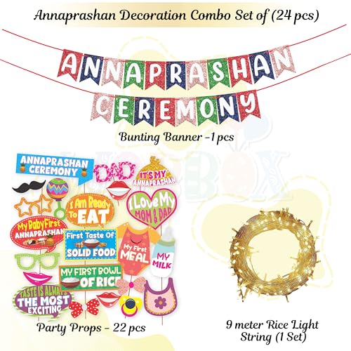 Image of Wobbox Shubh Annaprashan Decoration Items Set which Includes Baby annaprashan Ceremony Props, Subh Annaprashan Banner, Rice Light Decoration, Rice Ceremony Decorations Items(27 Pcs Set)(FP5697)