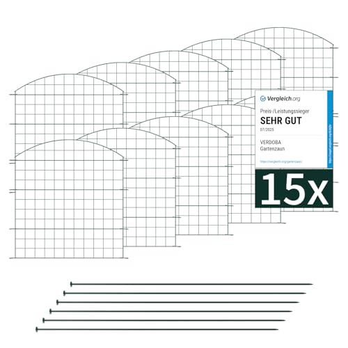 VERDOBA Premium Teichzaun Gartenzaun Komplettset - Steckzaun 15 Zaunelemente - Zaun für den Garten, Gitterzaun Set Oberbogen Zaun Garten - Hundezaun, Gartenzaun Metall (15x Oberbogen, Grün - RAL 6005)