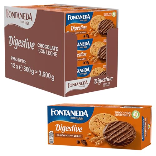 Fontaneda Galletas Digestive con Chocolate con Leche, 12 Cajas de 300 g