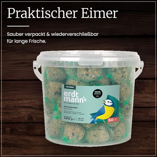 Erdtmanns 50 Meisenknödel mit Netz im Eimer 4,25 kg – Vogelfutter mit Getreideflocken & Sonnenblumenkernen – Ganzjahresfutter für Wildvögel – für Garten, Balkon & Bäume