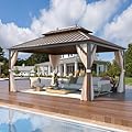 EROMMY 10'x13' Hardtop Gazebo Double Roof Galvanized Steel Canopy Outdoor Aluminum Frame Permanent Metal Pavilion with Netting and Curtains for Patio Backyard Deck and Lawns