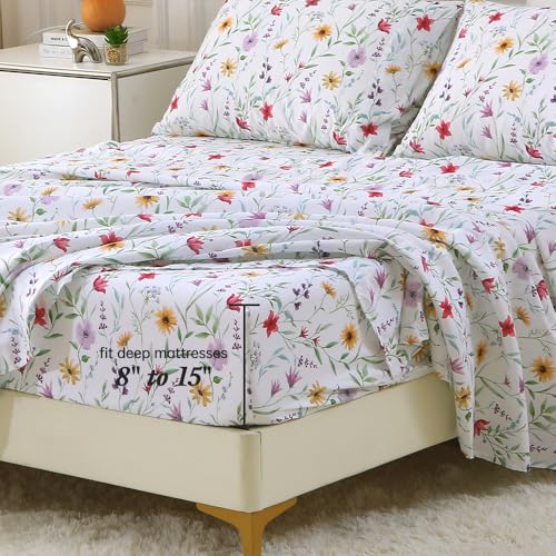 Image of MUXHOMO King Size 4 Piece Sheet Set, Soft & Breathable Sheet with Deep Pocket Up to 16 inch, Wrinkle-Free & Cooling Bed Sheets with Flat Sheet, Fitted Sheet & Pillowcases - Multicolored Flower