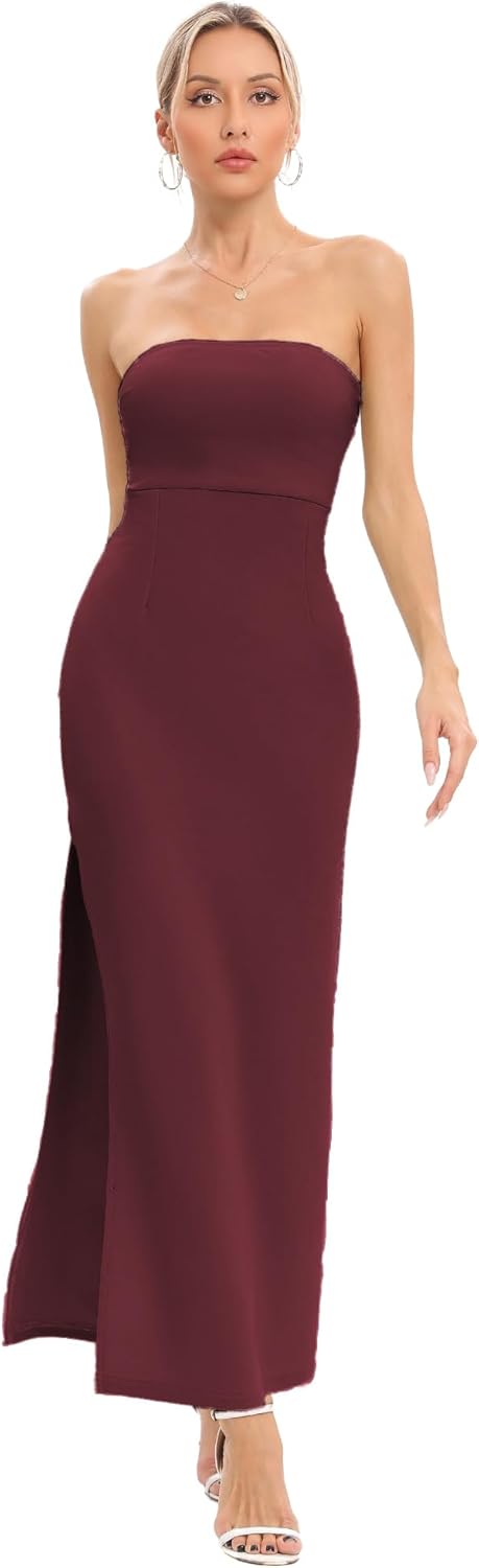 JLCNCUE Women's Tube Strapless Maxi Dress Side Slit Bodycon Dresses Sleeveless Off Shoulder Backless Cocktail Dress 295