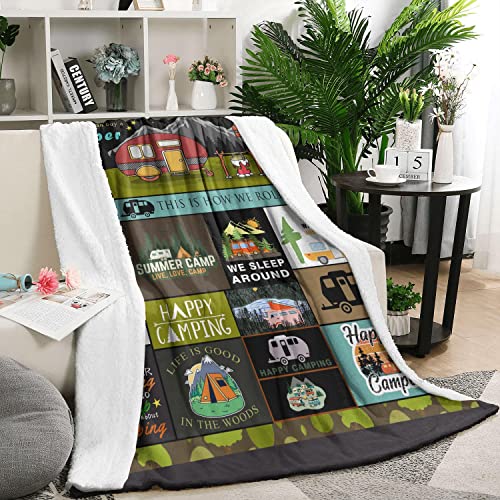 Happy Camper Fuzzy Flannel Blanket Soft Lightweight Camping Blanket For Travel/Bedroom/Outdoor/ - Gift For Camper Lover 50X60 Inch #TOP1