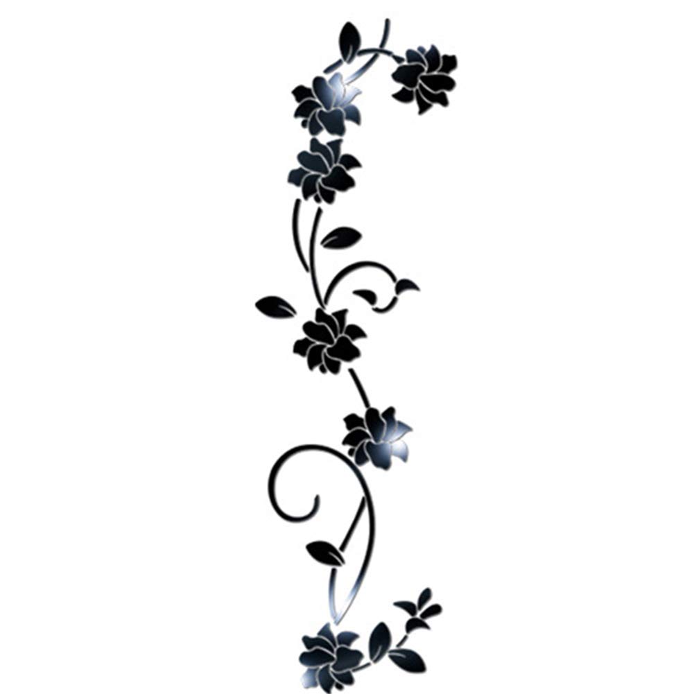 Zhoubaa Black 3D Diy Acrylic Mirror Effect Flower Vine Wall Stickers Mural Decal Home Decor
