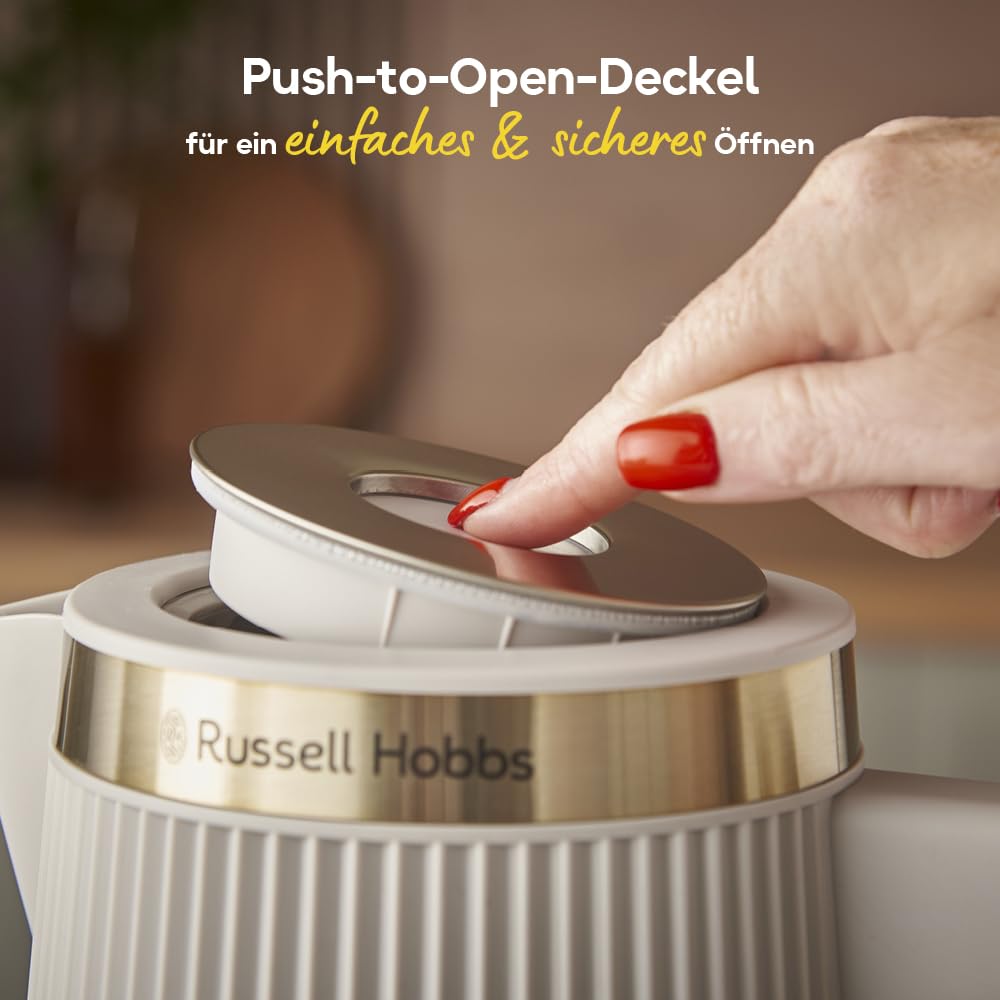 Russell Hobbs Wasserkocher [1,7L, 2400W] Brontë Stone (Mattes Design, Goldakzente, Ausgusstülle, Wasserstandsanzeige, Herausnehmbarer Kalkfilter, Beleuchtung, Deckelöffnung per Knopfdruck) 26751-70