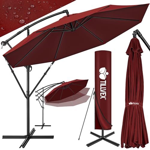 tillvex Alu Sonnenschirm + Abdeckung Ø 350 cm mit Kurbel | Ampelschirm mit Ständer & Windschutz | Gartenschirm UV-Schutz Aluminium | Kurbelschirm Marktschirm wasserdicht 360° drehbar Rot