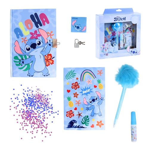 Disney Stitch Juego de Papelería, Incluye 1 Boligrafo Pom Pom, Lentejuelas, Pegatinas, Cuaderno Candado y Llaves, Regalo Set de Papeleria para Niñas