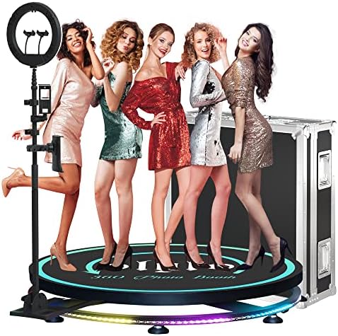 OlylO 360 Photo Booth Machine for Parties People to Stand on with Ring Light, Free Customize Logo, Software Control Automatic Slow Motion Rotating for Parties, Weddings (45.3″ – Flight Case)