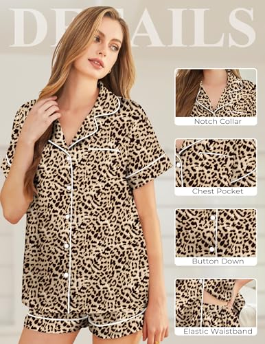 Image of Silk Pajamas for Women Short Sleeve Sleepwear Soft Button Down Loungewear 2 Piece Satin Pjs Shorts Set S-XXL