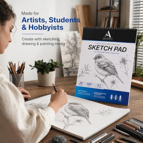 Image of ArtRight Artists' Sketch Paper Pad A3 160 GSM - 20 Sheets of Handmade Rough Grain Drawing Papers, Ideal for Artist, Professional Drawing, Painting Dry & Wet, Fine Art, School, Student