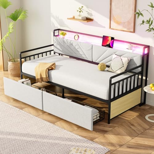 PUGSDRLY Canapé Lit 90x200cm avec éclairage LED,Prise de Charge et 2 Tiroirs Rangements,Design Multifonctionnel canapé lit 1 Places,Cadre en Fer,sans...