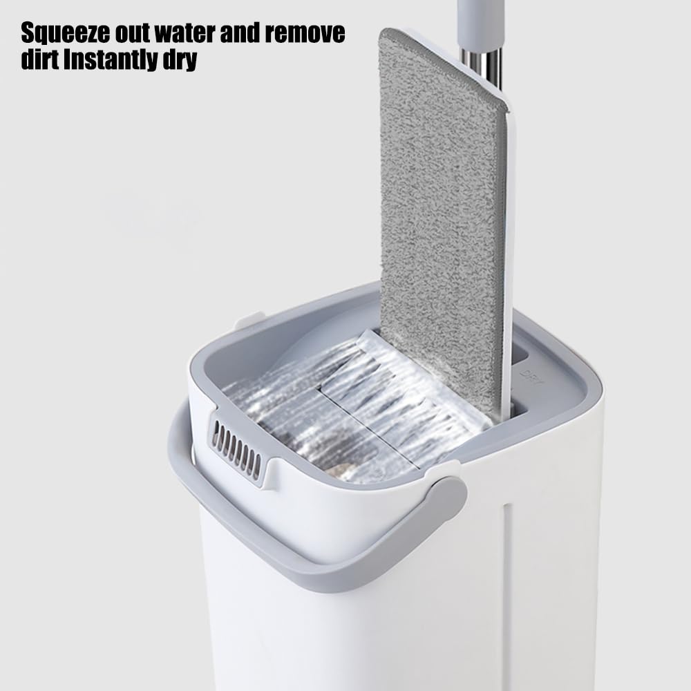 Kavolet Juego de mopa y Cubo con escurridor, Mango de Acero Inoxidable de 119,4 cm de Largo, Uso en seco y húmedo, con 2 Almohadillas de Microfibra, mopa Manos Libres para el hogar para Suelos