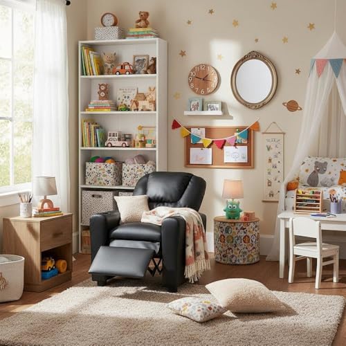 Image of Furnifact Marisa Black PU Leather Youth Recliner with Cupholder for Kids 142 inch Seat Height 14 inch Width 106 inch Depth