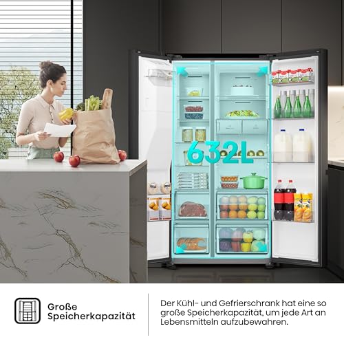 Hisense RS818N4TFE Side-by-Side Kühl-Gefrierkombination /179 cm/Inverter Kompressor/Total NoFrost/Multi Air Flow/Wasserspender mit Wassertank/Kühlteil 417 l/Gefrierteil 215 l/schwarz