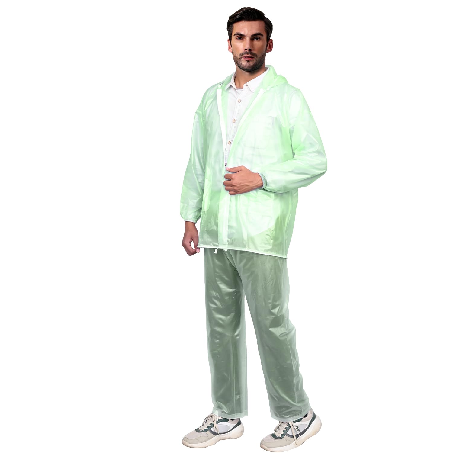 hacer Raincoat Set with Draw String Adjustable Hood & Pants Rain Gear Wet Weather Protection Rainsuit (Green)-picture-38