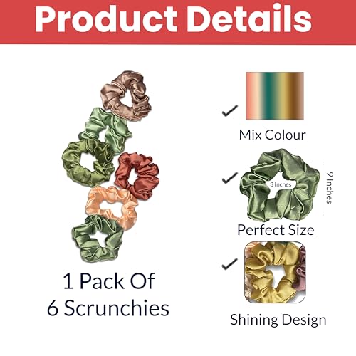 Image of TEMPERIA (6 pcs) Silk Satin Scrunchies For Women & Girls - Stylish Luxury Ponytail Rubber Band Ties for Hair - English Colours Same As Shown (MN02)