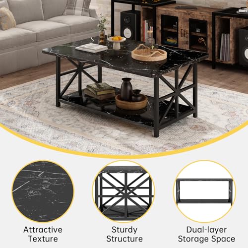 Image of AWQM Faux Marble Coffee Table for Living Room,Modern 2-Tier Coffee Table with Storage,Rectangular Center Table for Sofa,Sturdy Frame,Black