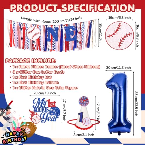 Image of Baseball Highchair Banner for Boys First Birthday Party Decorations | My 1st Rookie Year Baseball Fabric Banner for Boys Blue Red High Chair Banner for One Birthday Backdrop Decorations