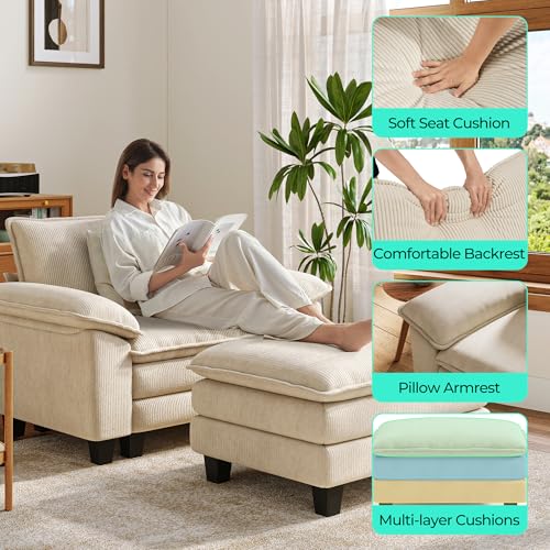 Image of LINSY HOME Modern Beige Corduroy Sofa Chaise, 55.9 inch W x 60.6 inch L x 34.6 inch H, Wood Frame & Legs, Soft & Comfortable, Includes Ottoman