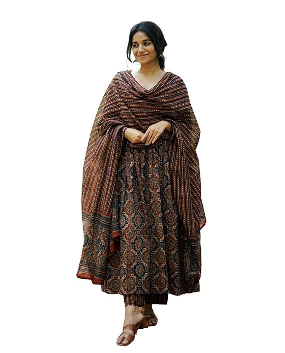 ASSUME FAB Women Viscose Rayon Anarkali Maternity and Nursing Kurta Set with Dupatta - Brown Floral and Geometric Pattern, 3/4 Sleeves, Comfortable Fit