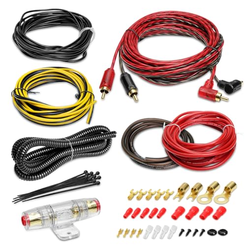 Kit de Câblage 8 AWG, Amplificateur avec Connexion pour Caisson de Basses et Haut-Parleur - Câble d'Alimentation, de Terre, RCA