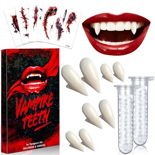 Presas vampiro dentes 4 pares - 4 tamanhos Halloween vampiro Fangs com 2 tubos Pellets de dentes adesivos e 5 tatuagens Halloween, disfarces de Halloween vampiro acessórios presas para cosplay