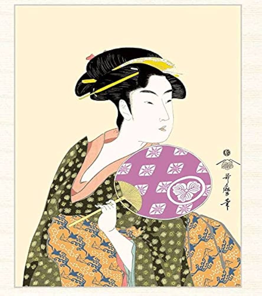 絵画　浮世絵 美人画 「団扇を持つおひさ 」喜多川歌麿 額入り 蔦屋重三郎銘 団扇を持つおひさ 喜多川歌麿 （F6サイズ）（紐・フック付