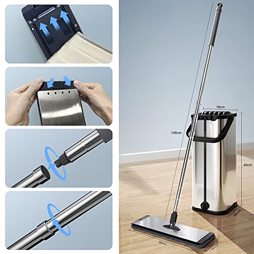 Silver Mop And Bucket Set Squeeze Flat Floor, Stainless Steel Handle Adjustable, 4 Washable Reusable Microfiber Mop Pads,Professional Commercial Floor Cleaner Bucket Mops For Floor Cleaning #TOP3