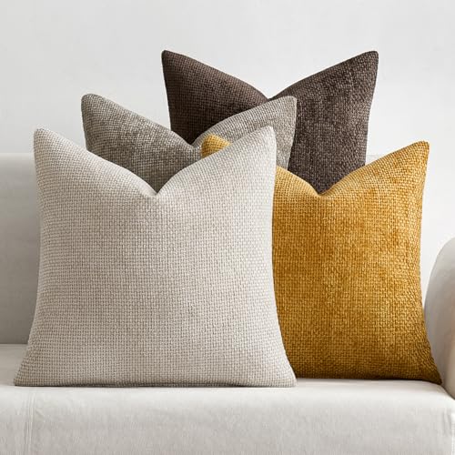 Image of MIULEE Pack of 4 Couch Throw Pillow Covers 18x18 Inch Neutral Gold /Brown Soft Decorative Chenille Pillow Covers Farmhouse Accent Cushion Covers for Boho Home Decor Sofa Bedroom Living Room