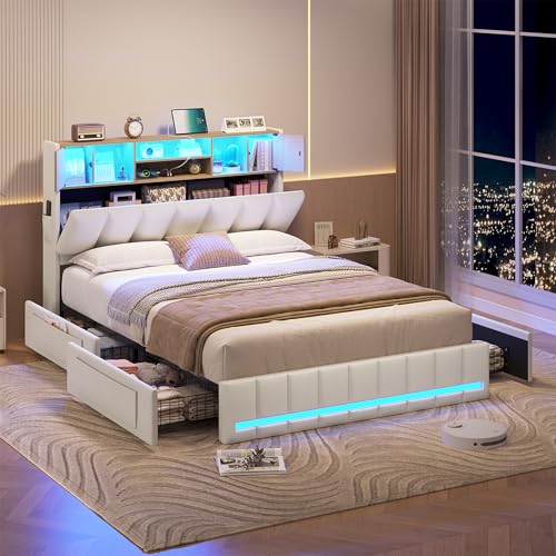 Lit 140 x 200, Lits Double avec LED et Multiprise, Cadre de Lit en Métal avec 4 Tiroirs, Tête de...