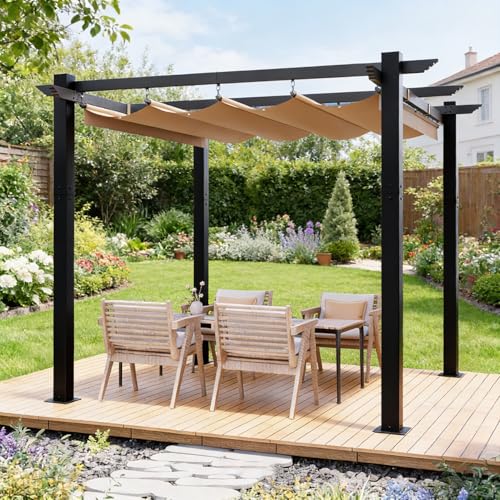 3x3m Metall Pergola mit Einziehbarem Dach,Alu-Gartenpergola mit Verstellbarem Sonnenschutz für...