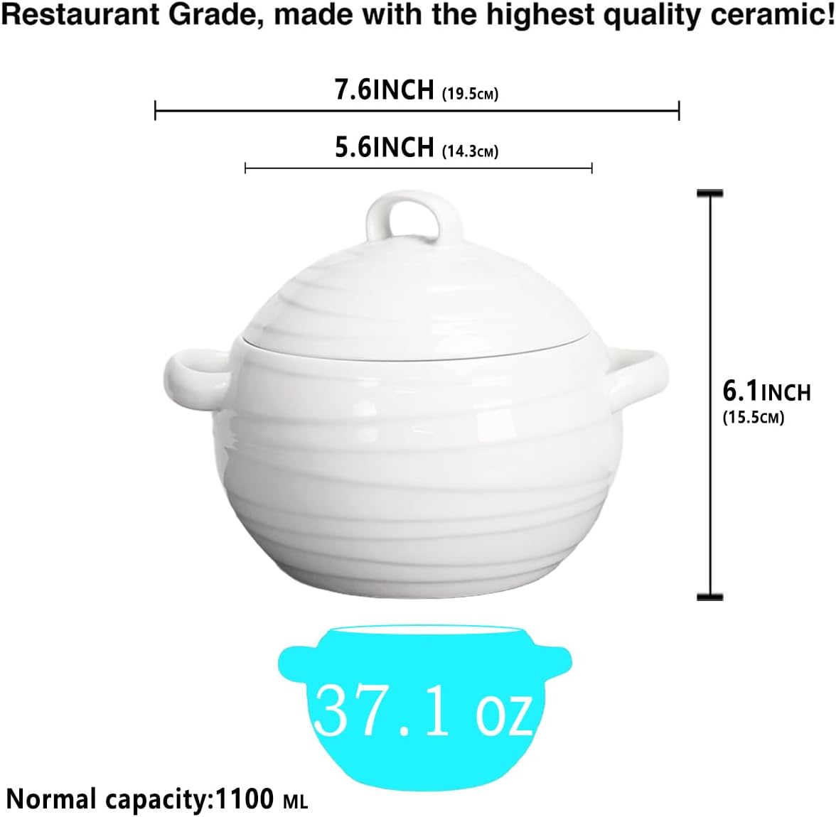 Casserole Dish, 37.1 ounce Spherical shape Casserole Dish With Lid, Oven to Table Porcelain Serving Handles, for Dinner and Party, Dishwasher and Microwave Safe 7.6 INCH