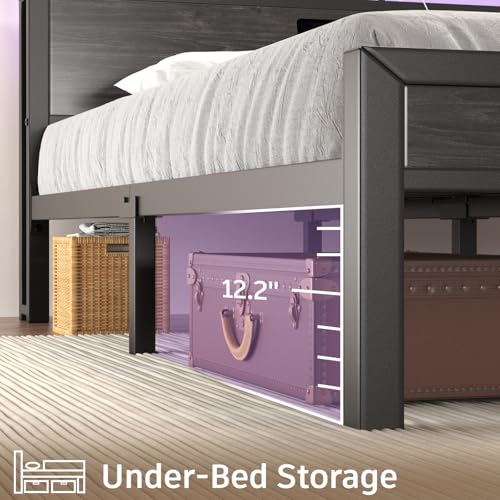 Image of E-Motie King Size Bed Frame with LED Lights, Industrial Platform Bed with Storage Headboard and Charging Station, Heavy Duty Metal Slats, No Box Spring Need, Noise Free, Easy Assembly, Black