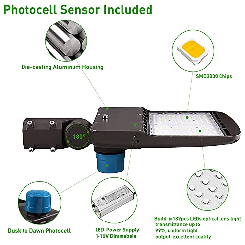 150W Led Parking Lot Lights, Dusk To Dawn Photocell Sensor Led Shoebox Pole Lights, Surge Protection Built-In, 450W Mh Equiv. 1-10V Dim, 5000K, 100-277V Ac Dlc Ul Approved #TOP2