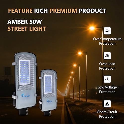 Image of Forus 50W LED Street Light Outdoor, IP66 Waterproof Pole Mounted Road Light, High Bright Amber LED Flood Light for Parking, Society, Industrial & Street Lighting with 4 Year Warranty (1 Pc)