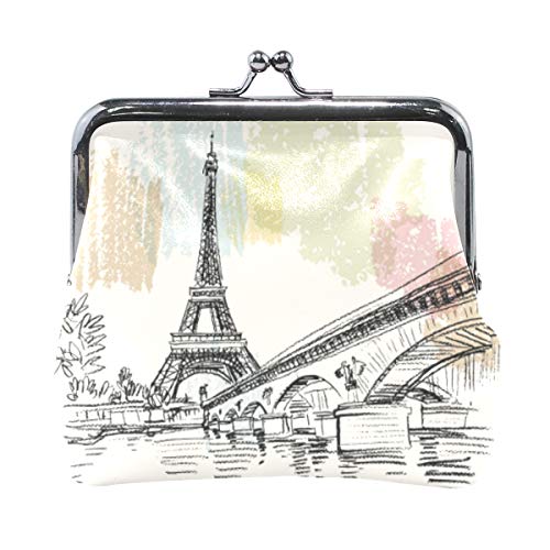 ZZAEO Vintage Sketch Paris Eiffel Tower Bridge Cute Coin Purse for Women Retro Money Pouch with Kiss-lock Buckle Small Wallet Card Change Holder
